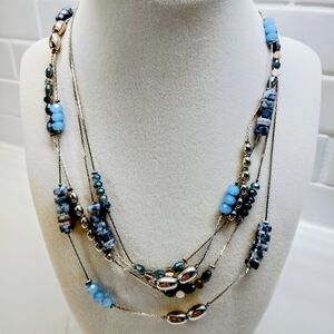 Two Strand Blue and Silver-tone Station Beaded Necklace